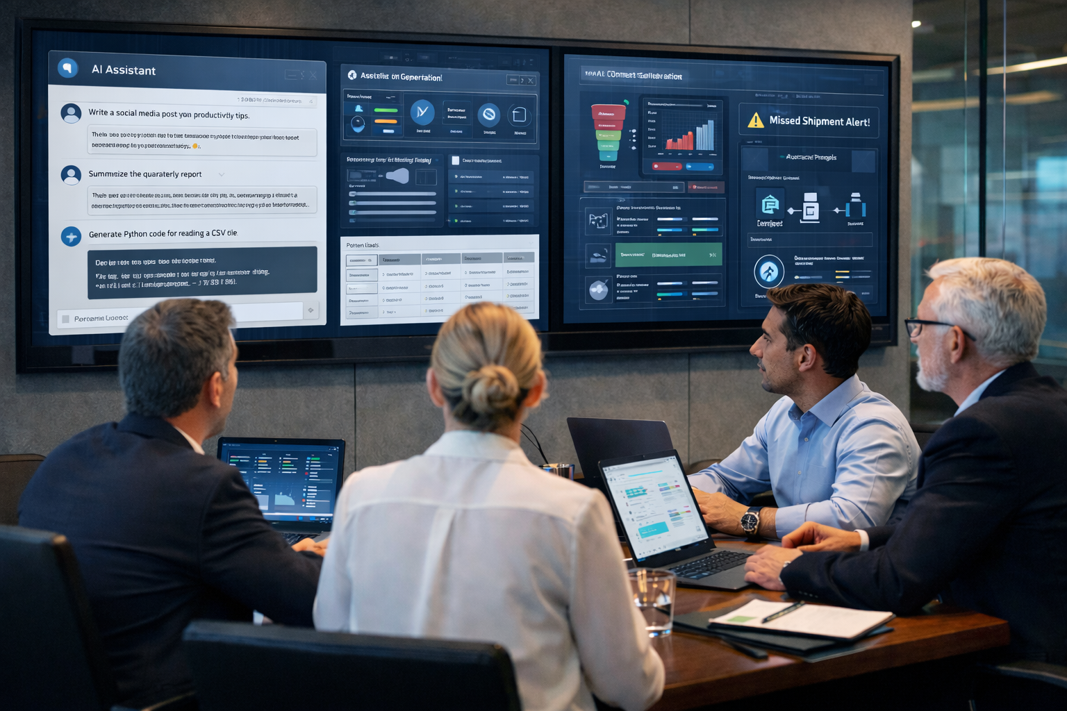 business team reviewing fragmented AI tools and disconnected dashboards illustrating AI implementation failure in company operations